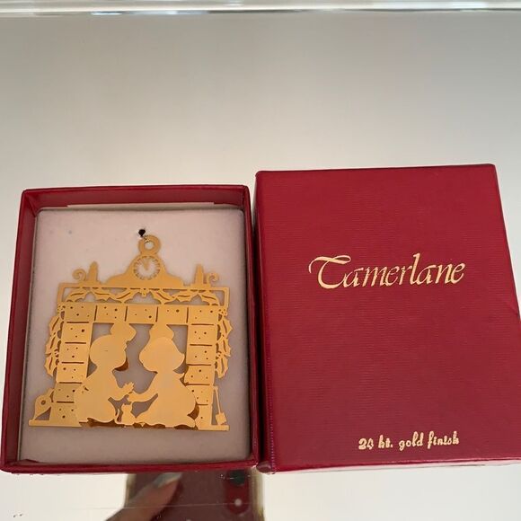 Vtg Camerlane 24k gold finish “Hanging Stockings” ornament in Original box - Picture 1 of 5